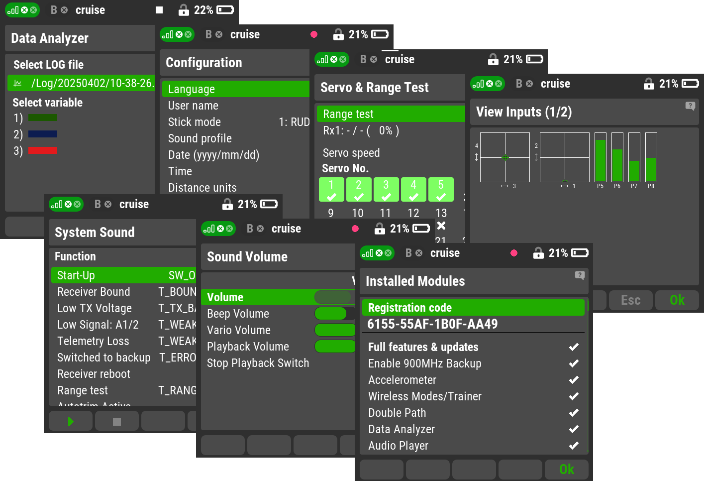 Analýza dat, Konfigurace, Test serv a dosahu, Zobrazení vstupů, Systémové zvuky, Hlasitost audia, Instalované moduly